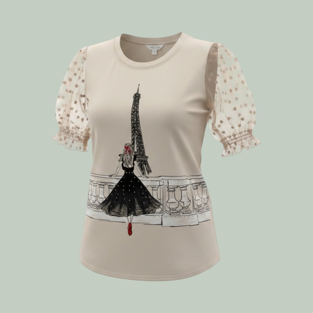 Love & Lace Graphic Paris Eiffel Tower Graphic Mesh Sleeve Top Women XL Coquette